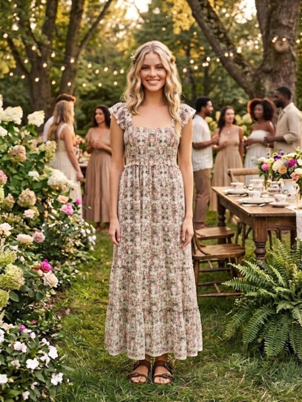 MAX STUDIO Flutter Sleeve Maxi Dress ~ Cream/Blush Shaded Paisley Large NWT